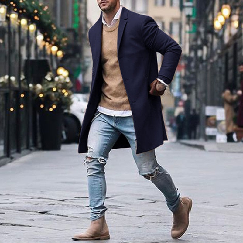 Men's Winter Trench Coat – Long Slim Fit Overcoat, Khaki or Black