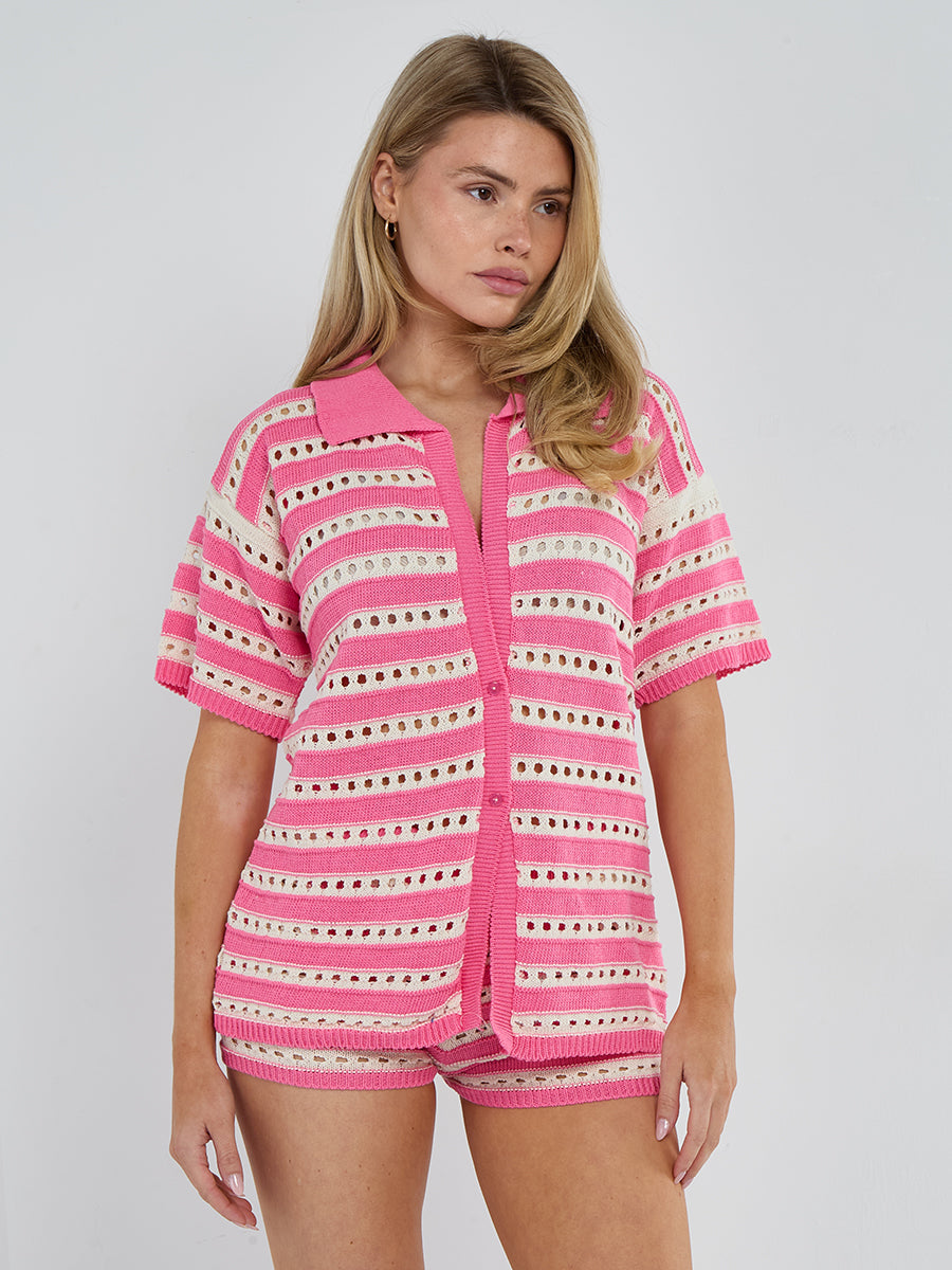 Stripe Crochet Knitted Top and Mirco Shorts