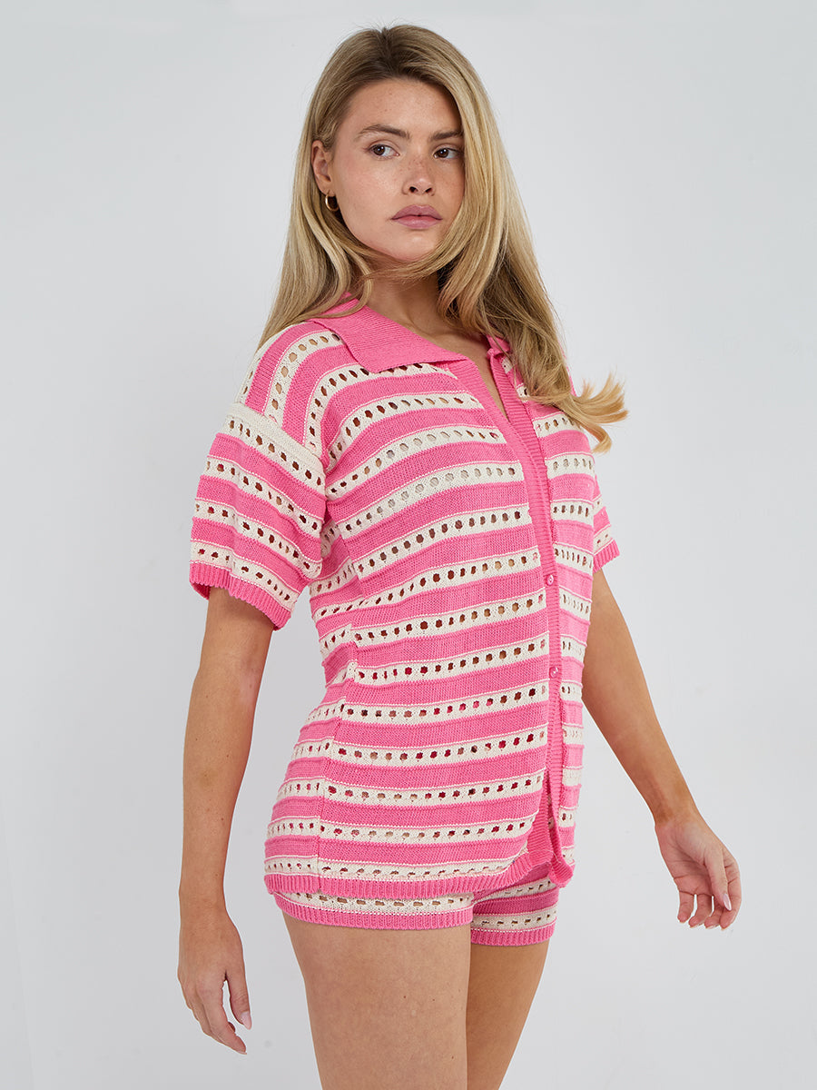 Stripe Crochet Knitted Top and Mirco Shorts