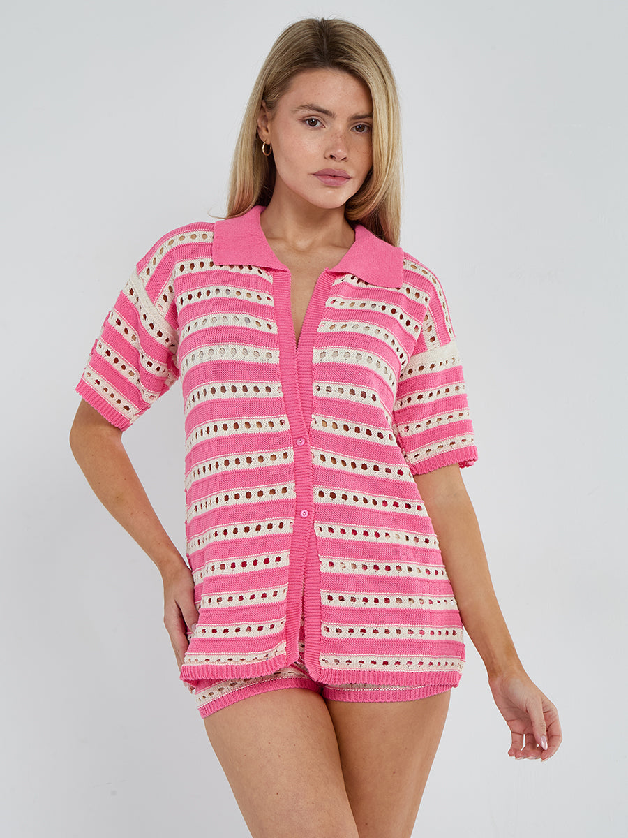 Stripe Crochet Knitted Top and Mirco Shorts