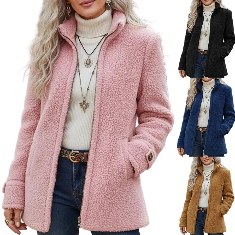 Fleece Zip-Up Jacket Women's Stand Collar Solid Color Loose Fit Casual Long Sleeve Outerwear Clothing