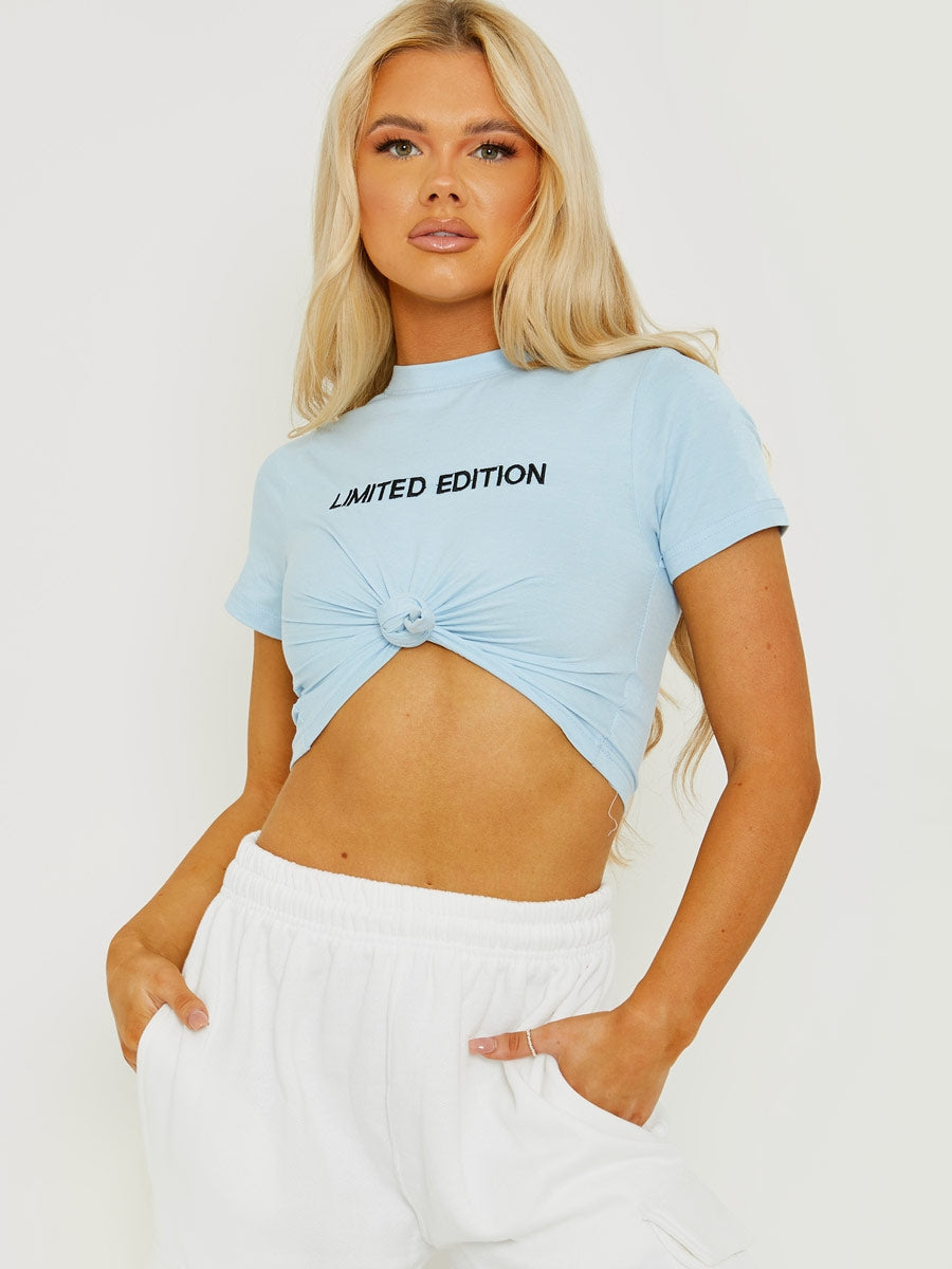 Limited Edition Embroidered Knot Front Crop Top