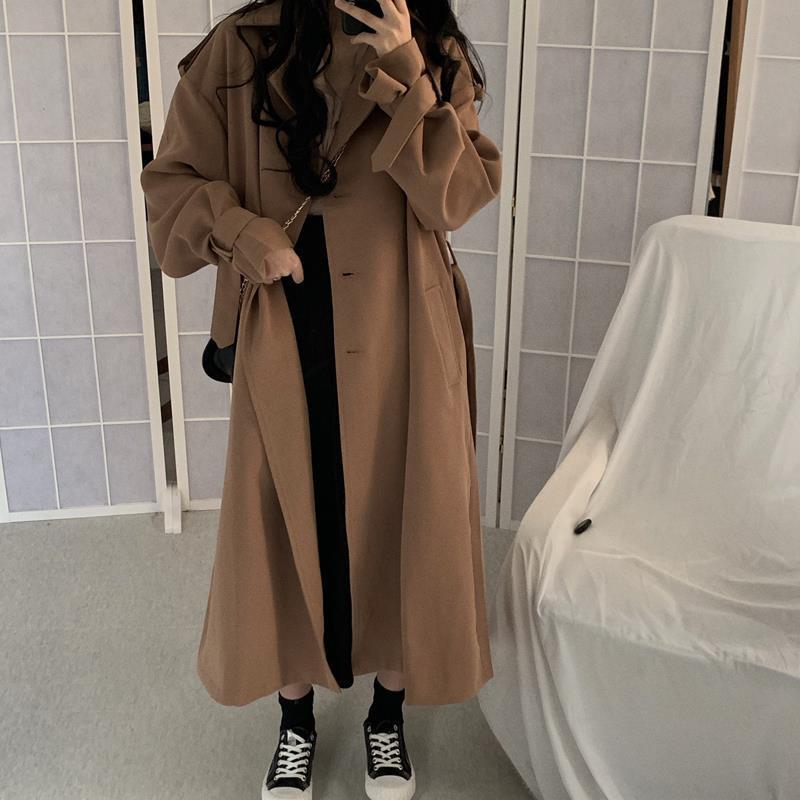 Retro Trench Coat Coat Women's Autumn Korean-style Mid-length Loose And Lazy Style Young Below-the-knee Coat