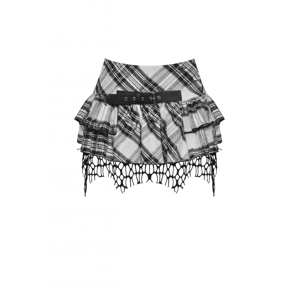 Dark in Love Quinn Punk Black and White Checkered Asymmetrical Messy Net Skirt