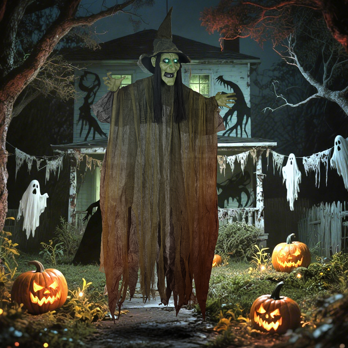 Outsunny Voice Activated Halloween Animatronics Hanging Witch, Green