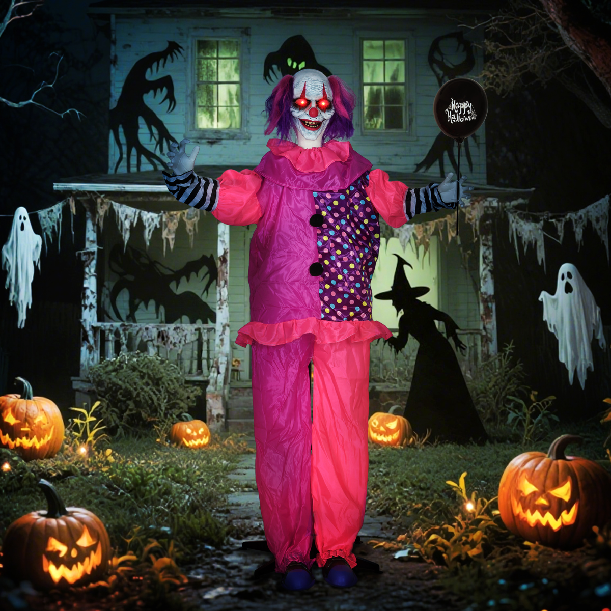 Outsunny Sound Activated Halloween Animatronics Clown with Red Light Up Eyes