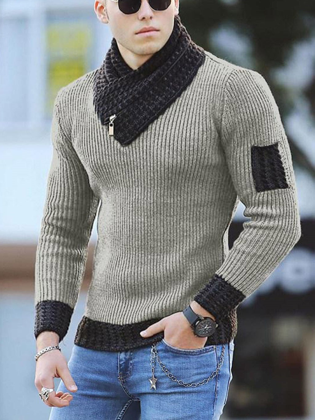 Men's Slim Knit Pullover Sweater with Scarf Collar – Long Sleeve Casual