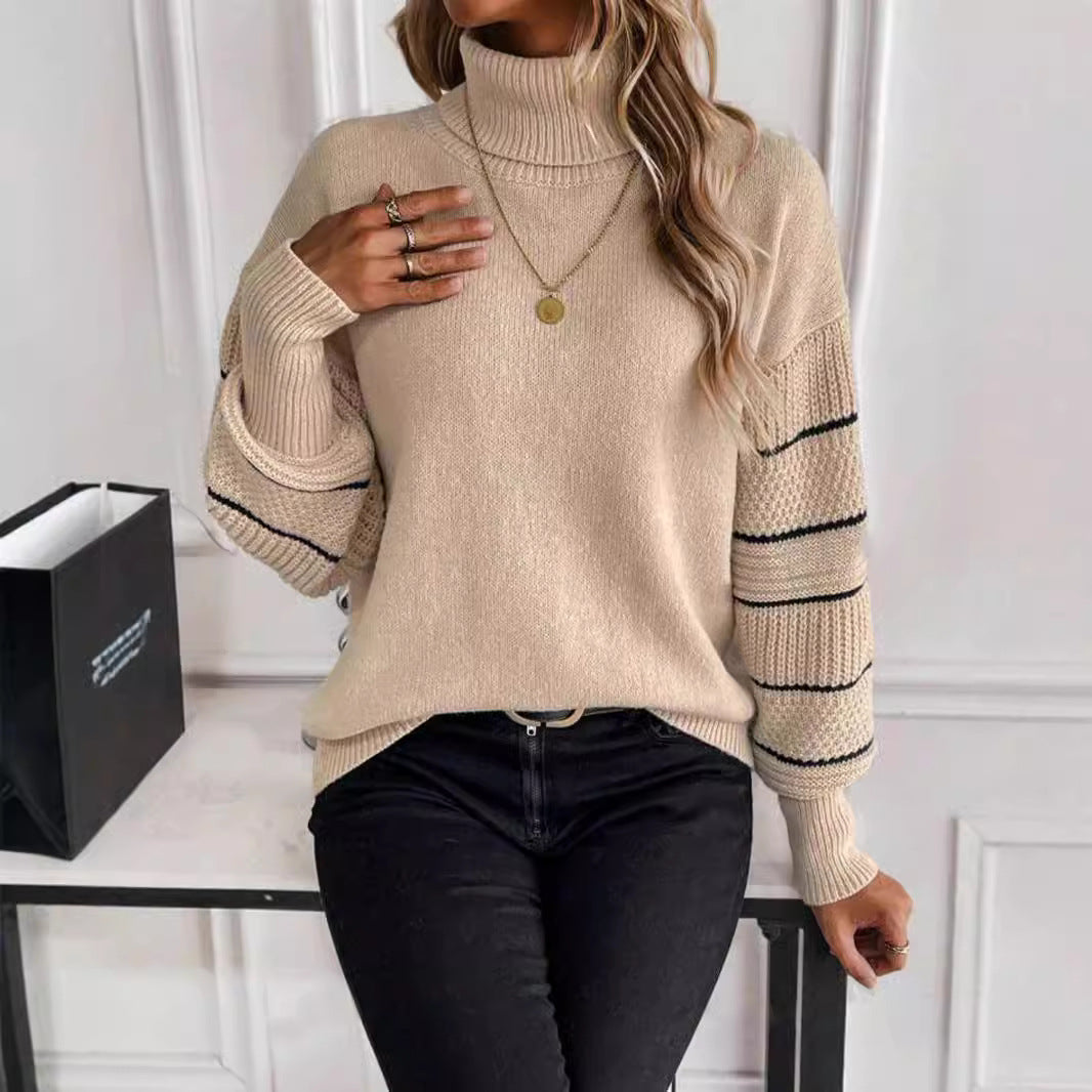 Striped Turtleneck Drop-shoulder Pullover Long Sleeve