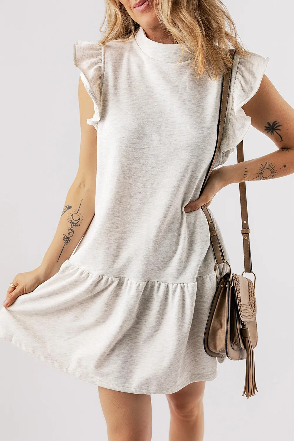 White Flutter Sleeve Crew Neck Dress