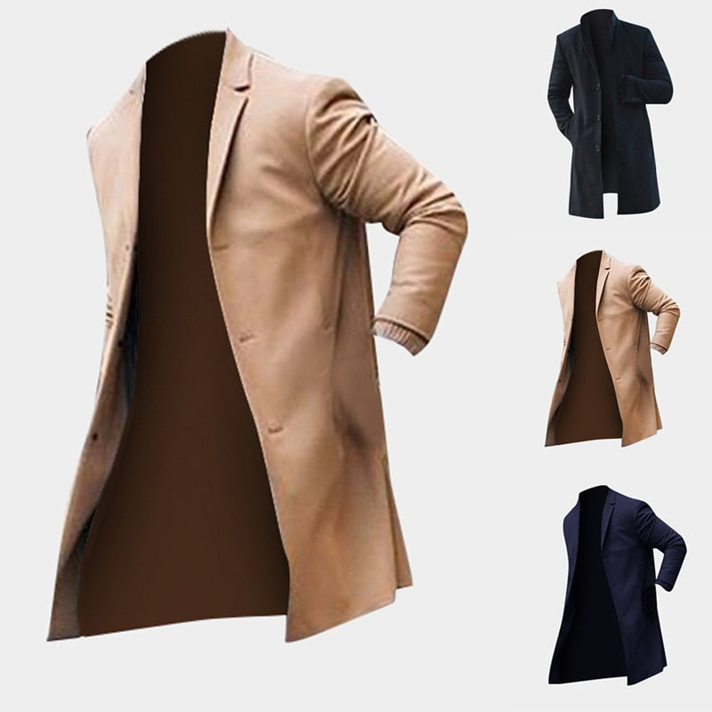 Men's Winter Trench Coat – Long Slim Fit Overcoat, Khaki or Black