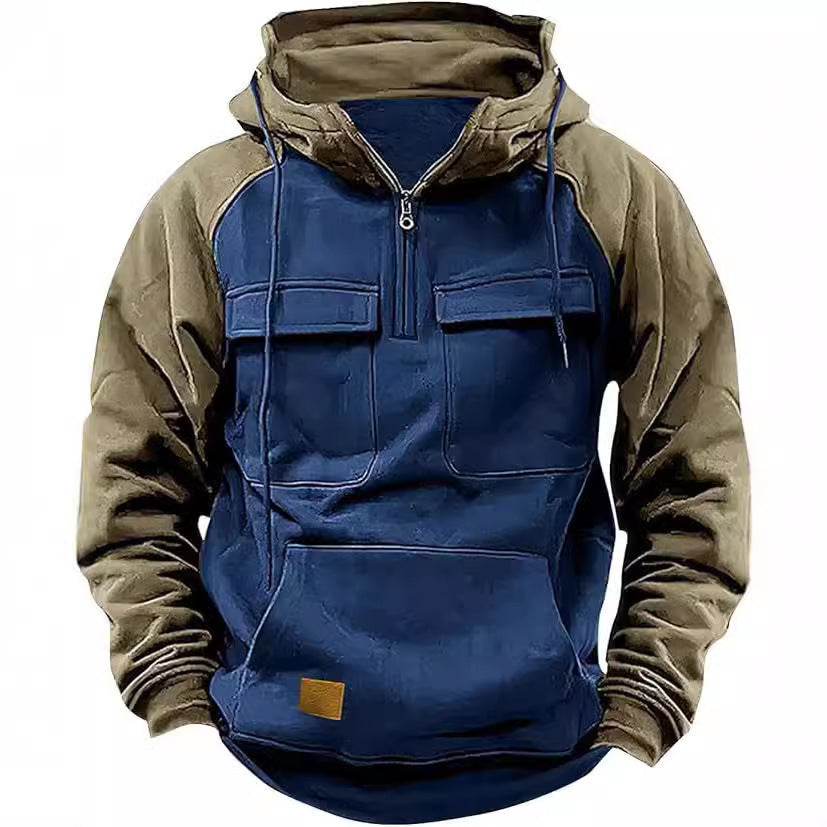 Men's Retro Cargo Half-Zip Fleece Hoodie – Warm Multi-Pocket Outdoor Hooded Jacket