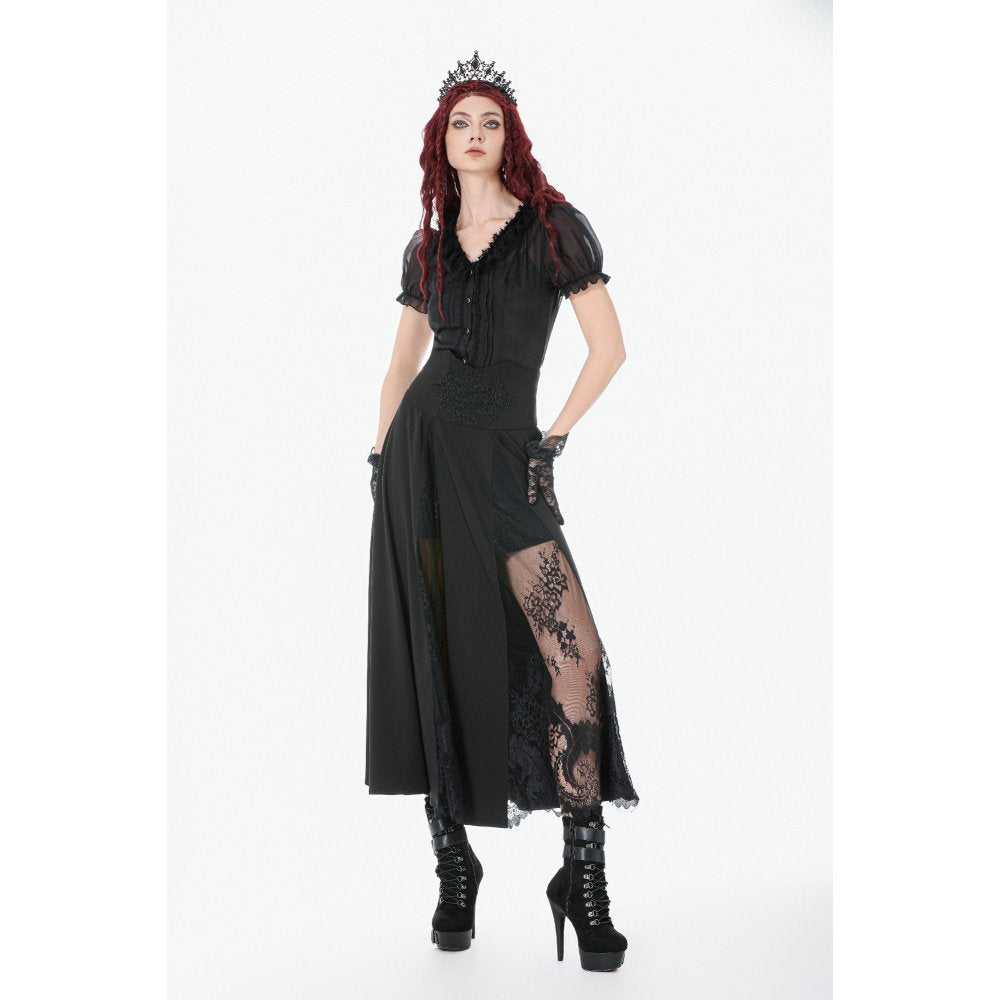 Dark in Love Dalaria High Waist Gothic Long Skirt - Lace Inset Panel