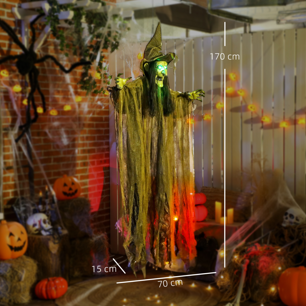 Outsunny Voice Activated Halloween Animatronics Hanging Witch, Green