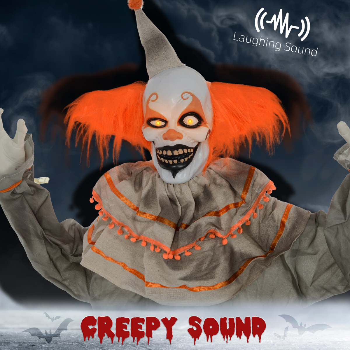 HOMCOM Halloween Clown Animatronic Prop, Light-Up Red Eyes, Moving Head Arms