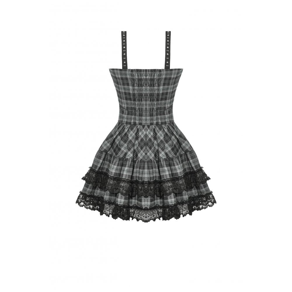 Dark in Love Ida Punk Grey Tartan Metal Studded Dress