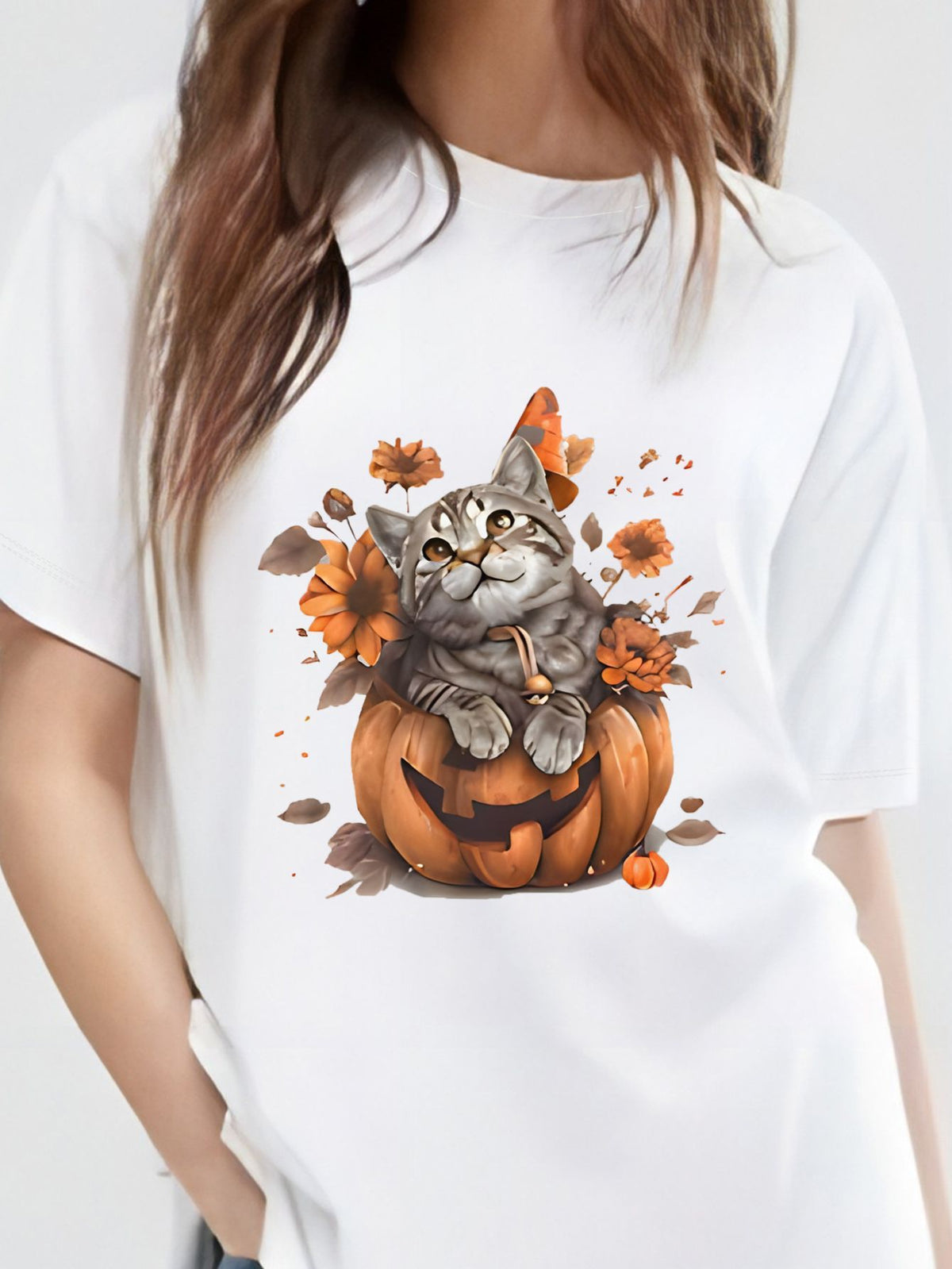 Women's Round Neck Halloween Pumpkin Print Short Sleeve