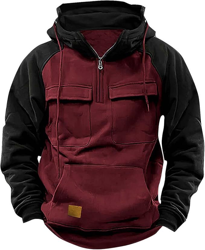 Men's Retro Cargo Half-Zip Fleece Hoodie – Warm Multi-Pocket Outdoor Hooded Jacket