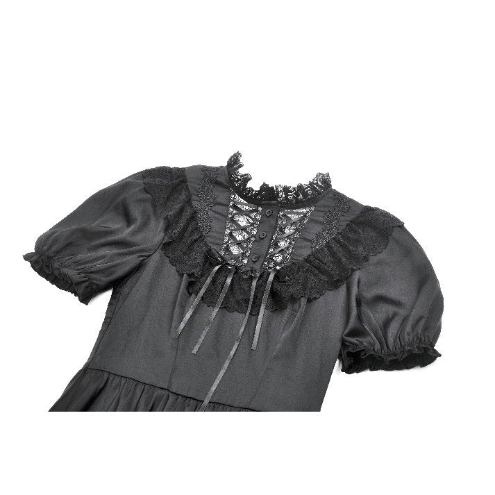 Dark in Love Belladonna Lace-Up High Collar Puff Sleeve Goth Dress in Black