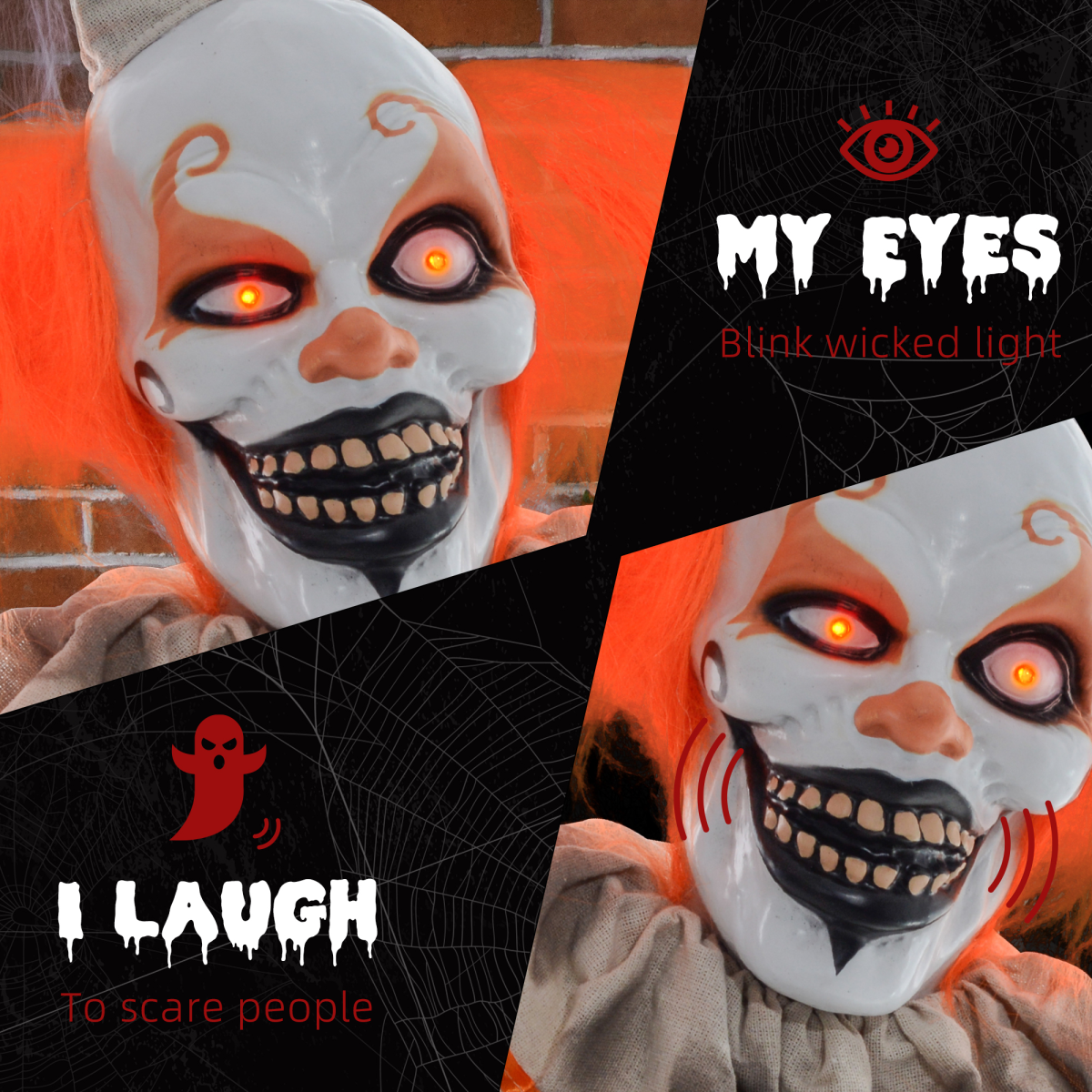 HOMCOM Halloween Clown Animatronic Prop, Light-Up Red Eyes, Moving Head Arms