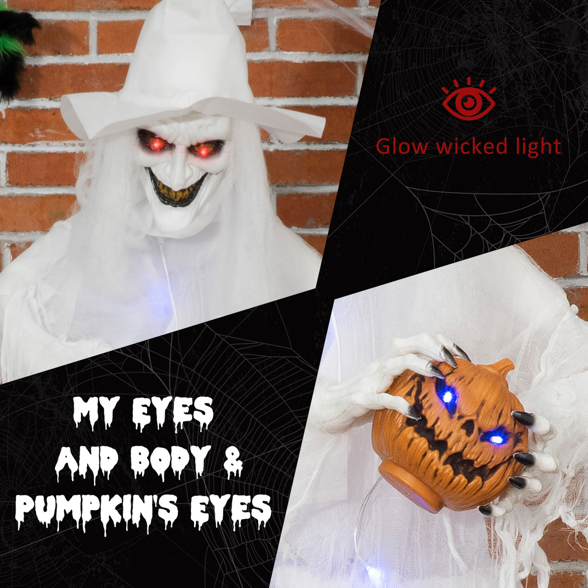 72" Motion Light-Up White Witch with Pumpkin & Skeleton Ghosts, Battery Operated
