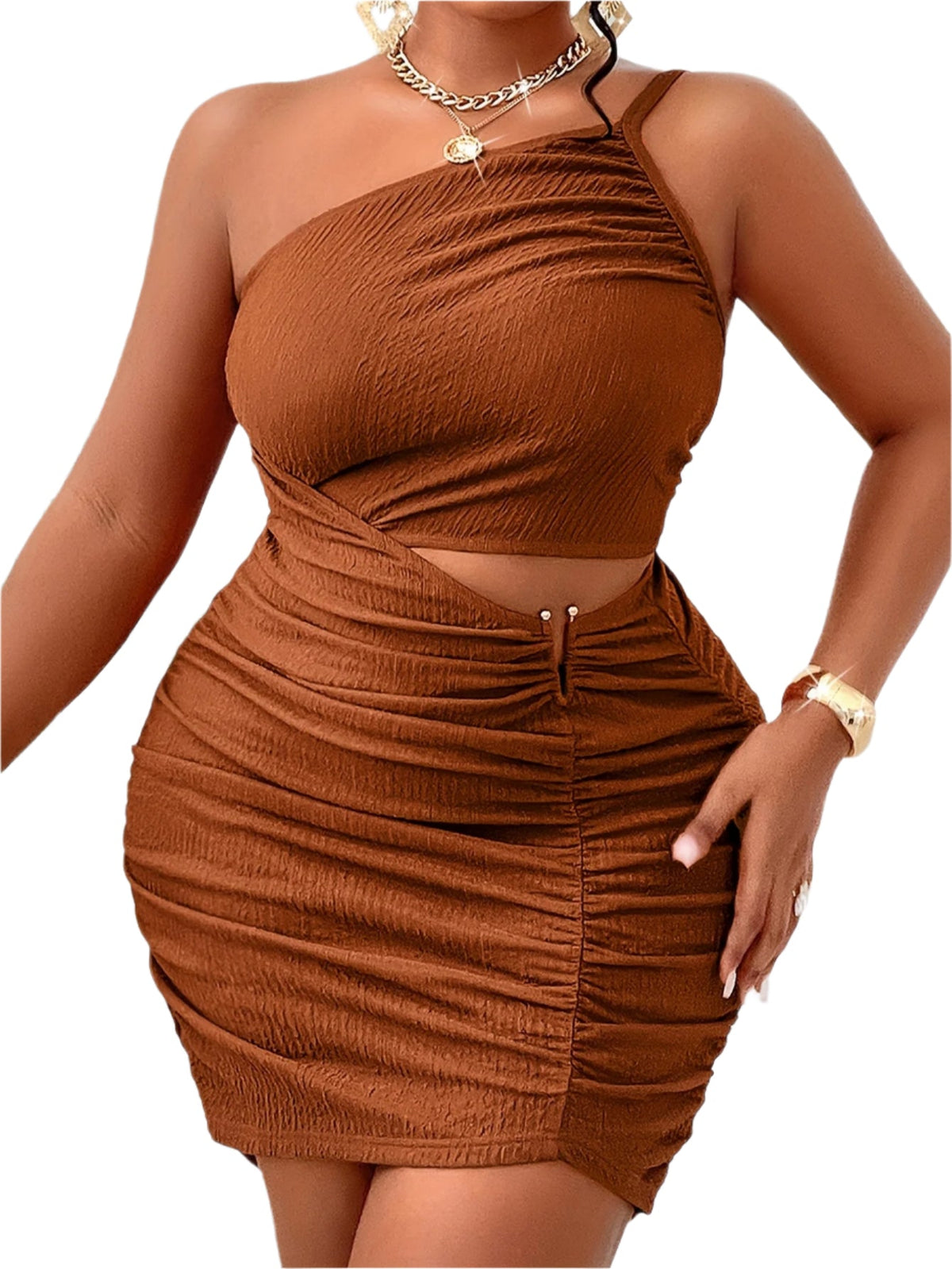 Women's Plus Size One-Shoulder Textured Finish, Golden Chain Detail, Ruched Waist, Bodycon Fit Dress