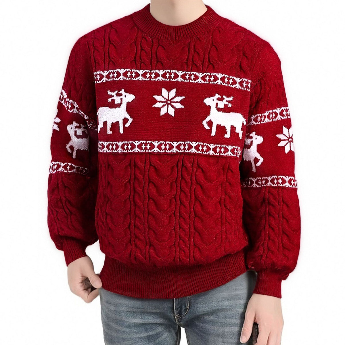 Men's Ugly Christmas Deer Knitted Sweater – Thick Warm Round Neck Pullover