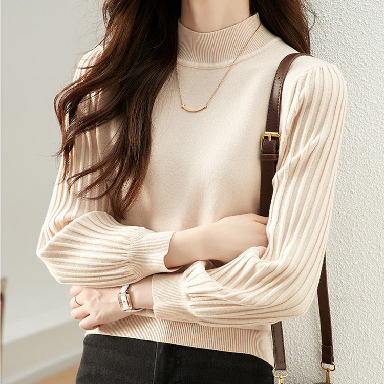 Slimming Versatile Casual Sunken Stripe Half Turtleneck Bottoming Shirt