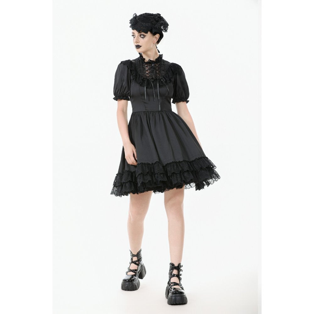 Dark in Love Belladonna Lace-Up High Collar Puff Sleeve Goth Dress in Black