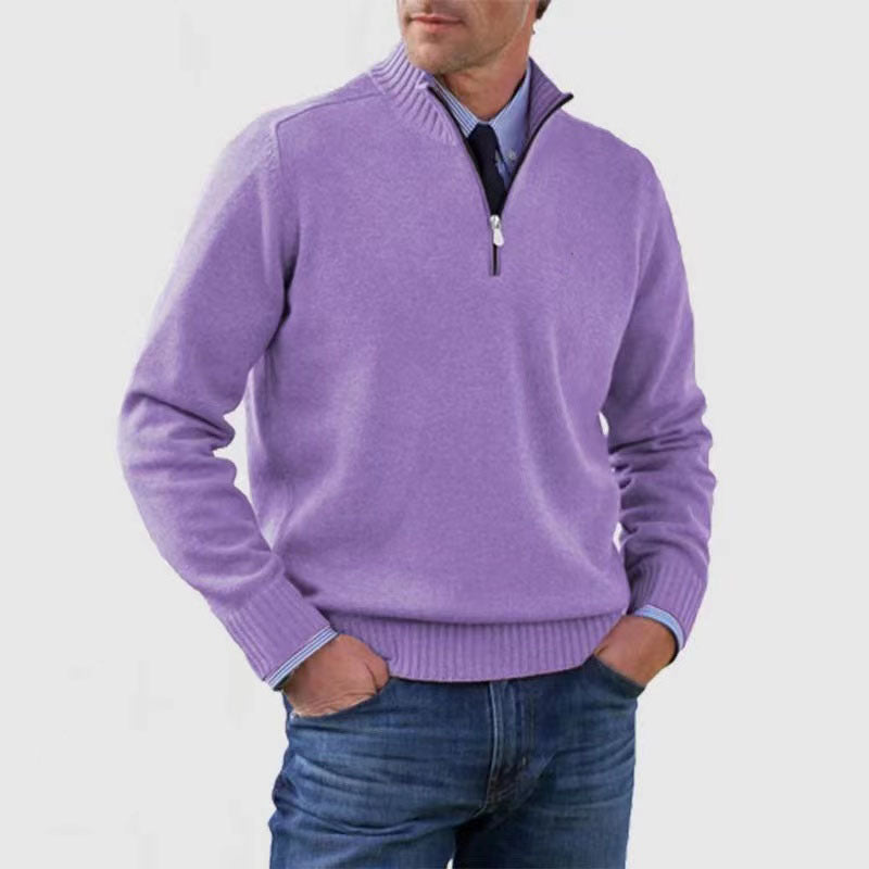 Men's Stand Collar Zipper Sweater Winter Fashion Solid Color Long Sleeve Knitted Top Clothing