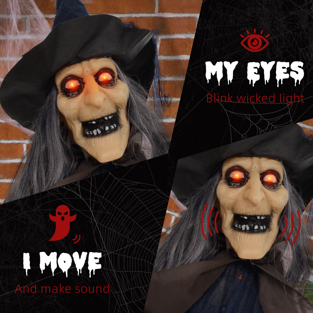 HOMCOM Animatronic Halloween Witch with Broomstick, Light-Up Red Eyes, Moving Arms & Head