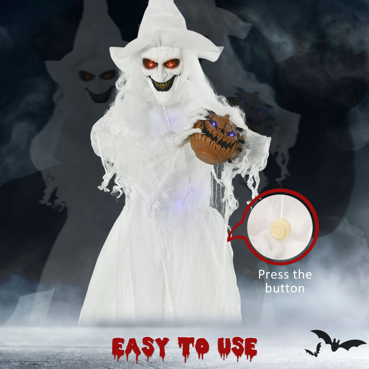 72" Motion Light-Up White Witch with Pumpkin & Skeleton Ghosts, Battery Operated