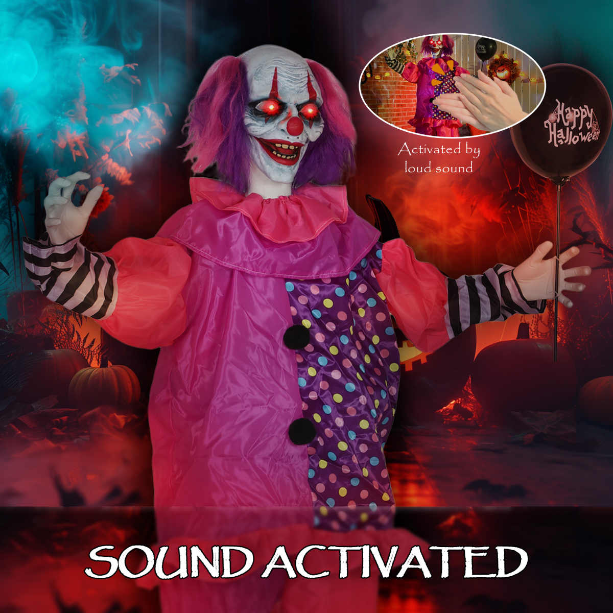 Outsunny Sound Activated Halloween Animatronics Clown with Red Light Up Eyes