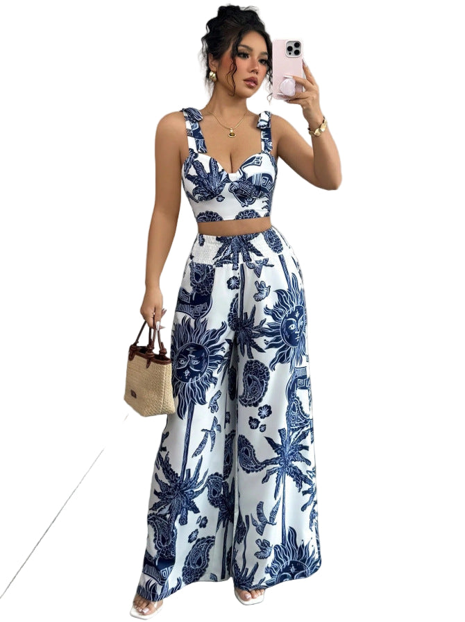 Sexy V-neck Strap Vest Loose Wide Leg Pants
