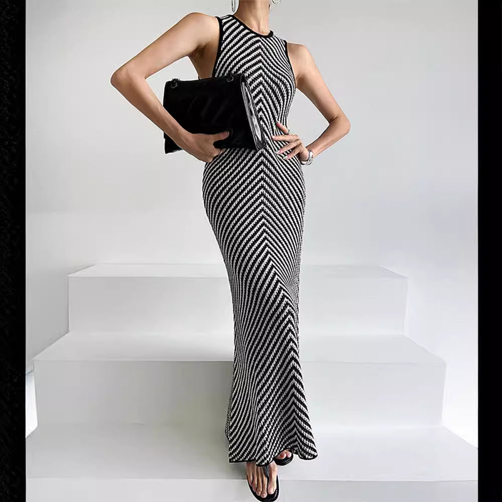 Summer High-grade Round Neck Striped Color Contrast Patchwork Sheath Slim Slimming Sleeveless Knitted Dress