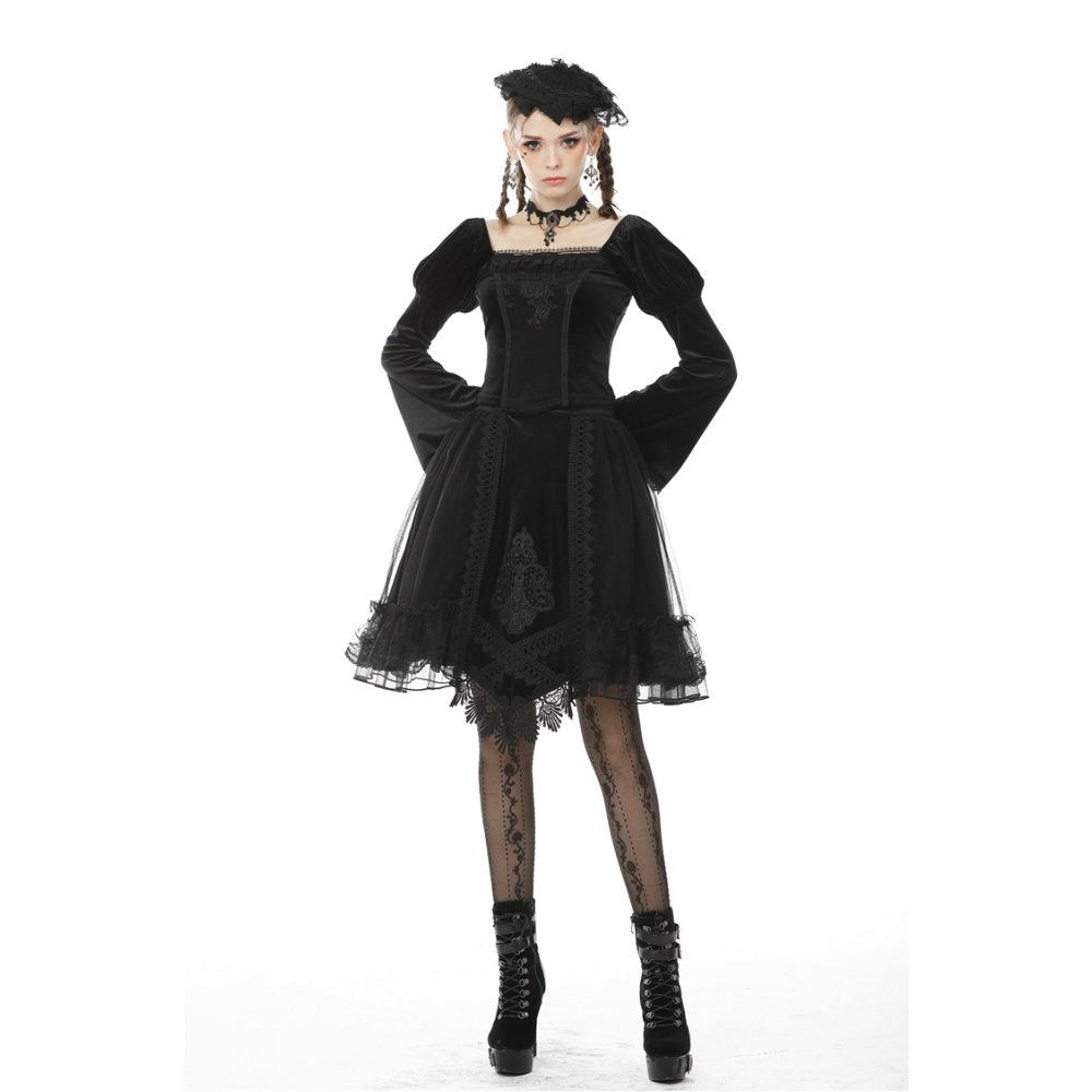 Dark in Love Melisandre Embroidered Velvet Mesh Goth Skirt in Black