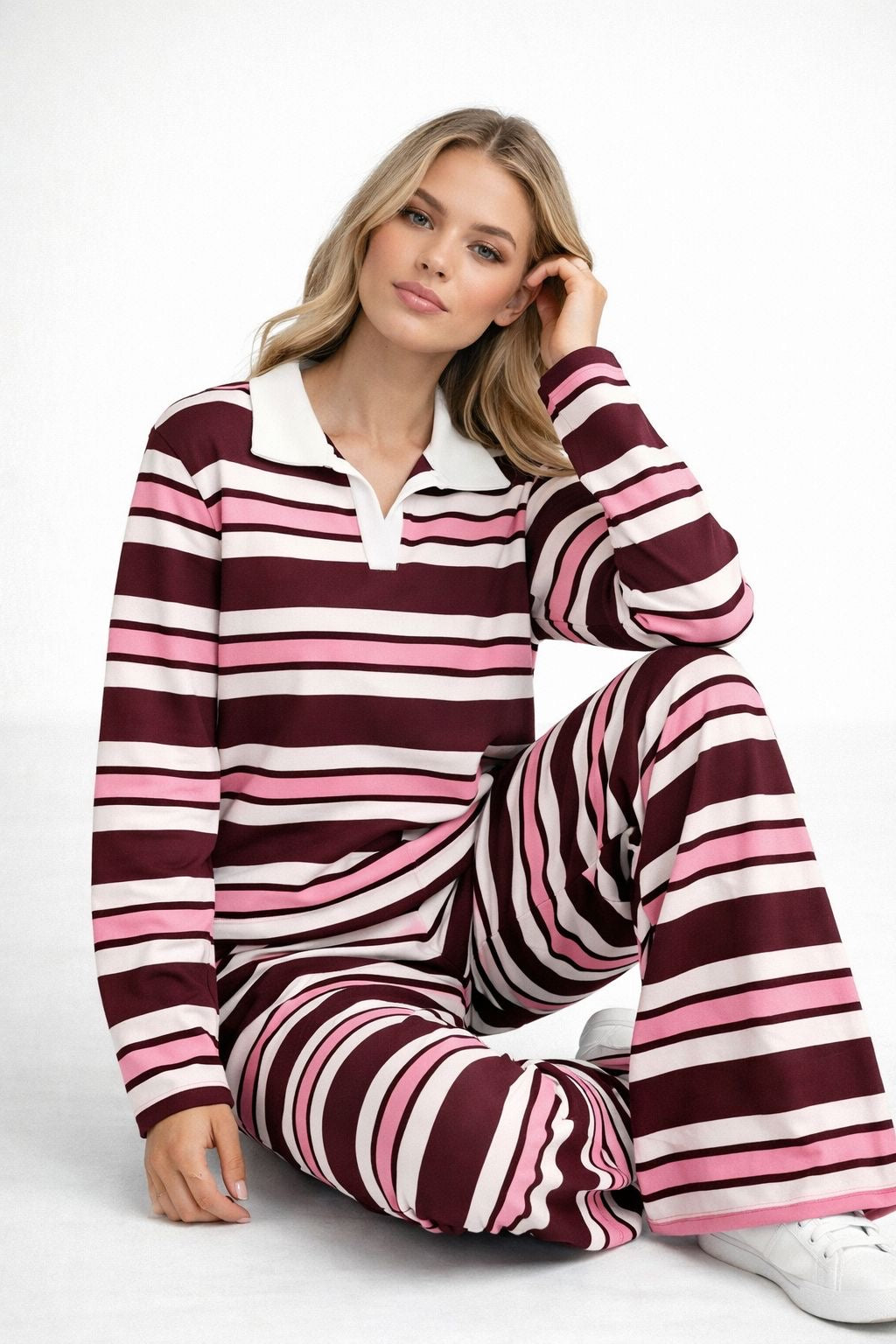 Striped Collar Top and Wide Leg Trouser Co-Ord