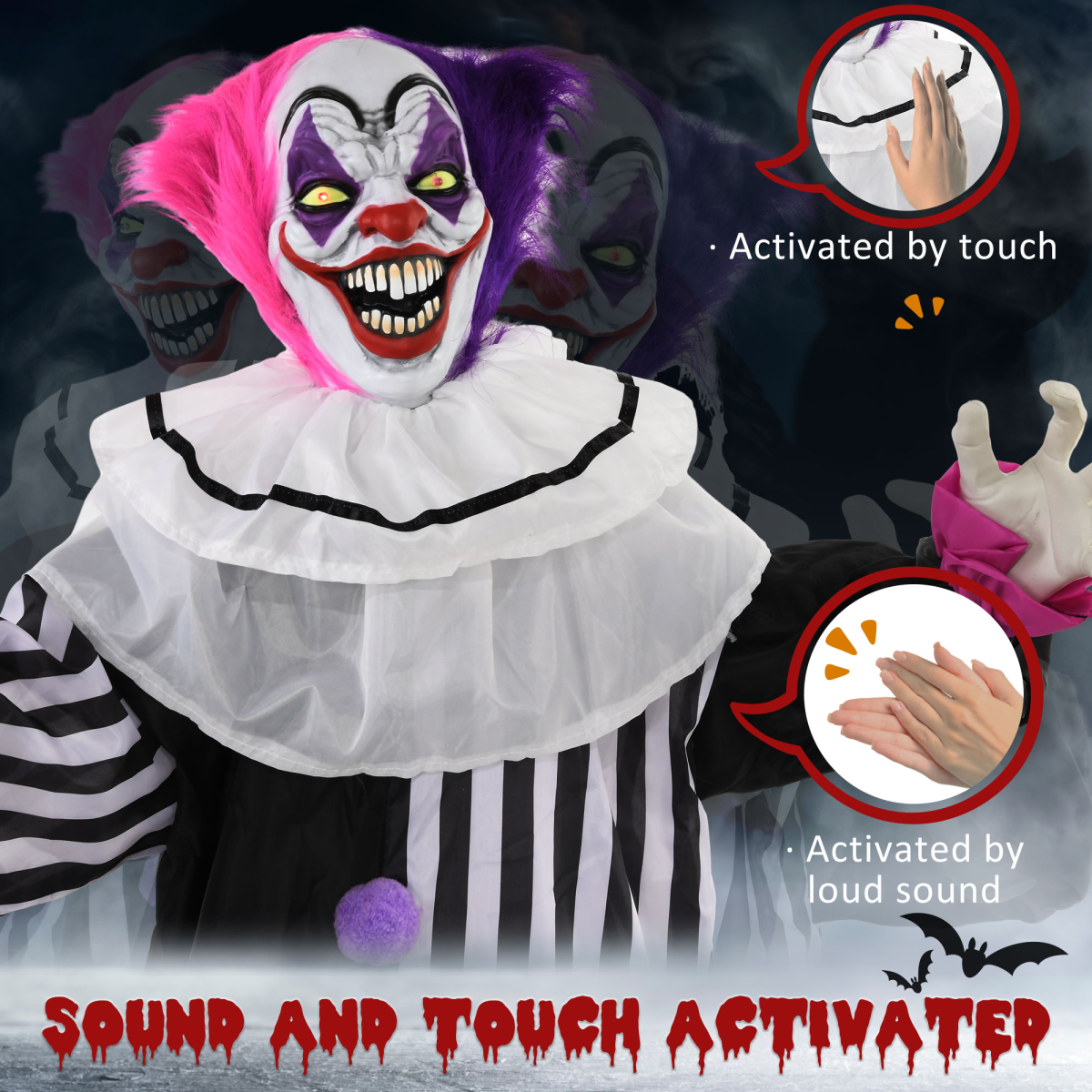 HOMCOM Halloween Clown Animatronic Prop with Glowing Red Eyes, Sounds & Motion