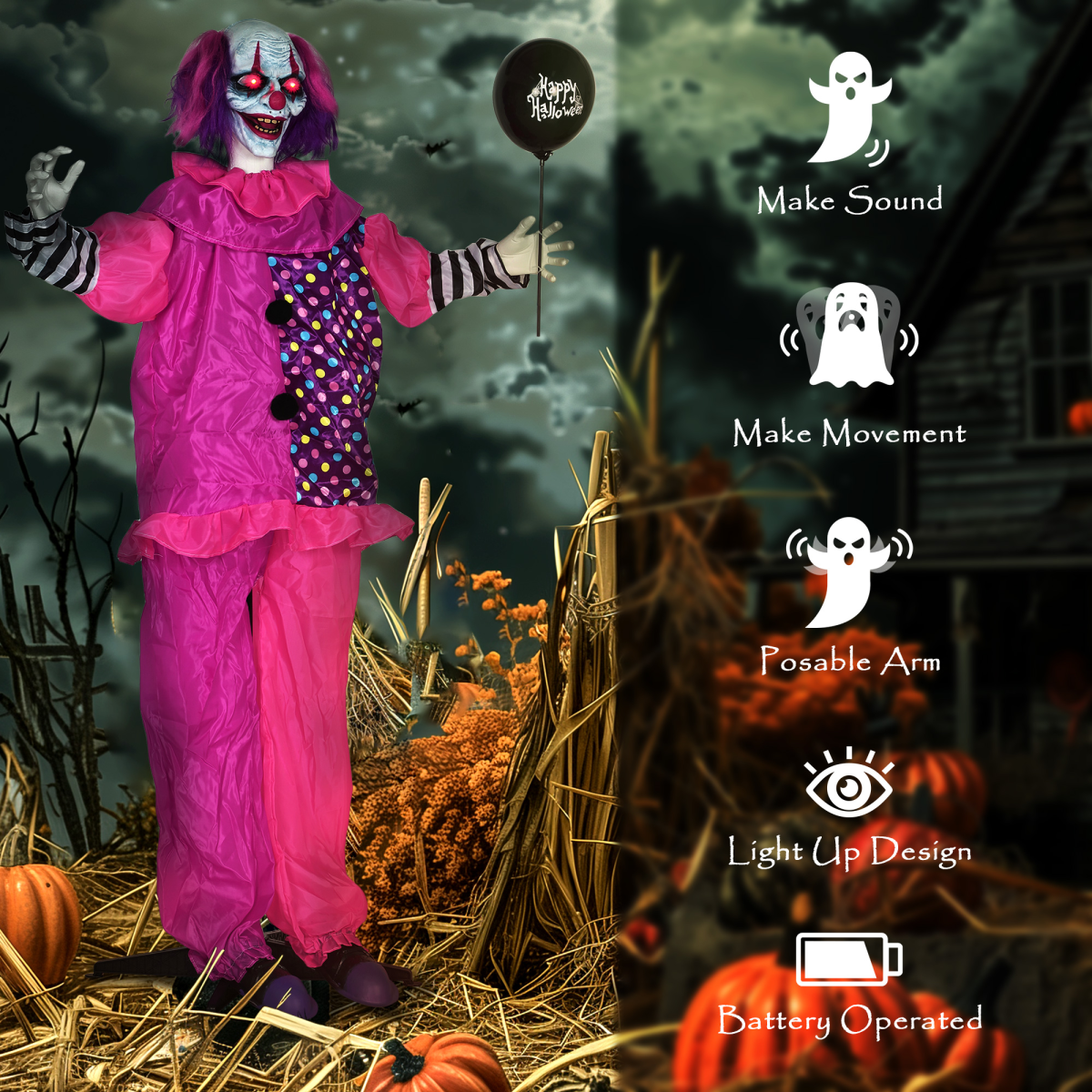 Outsunny Sound Activated Halloween Animatronics Clown with Red Light Up Eyes