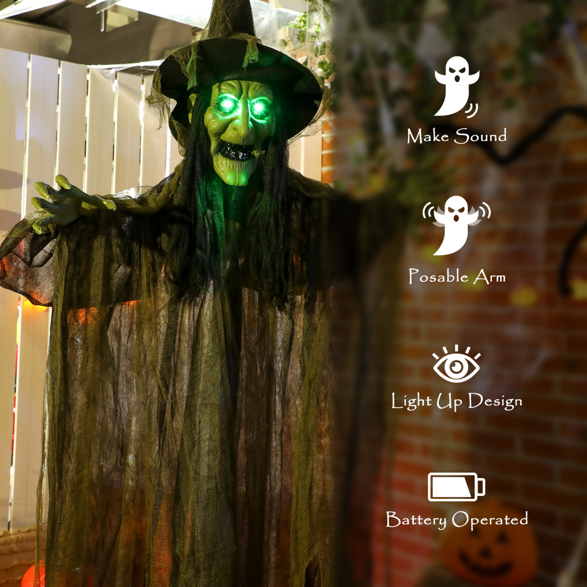 Outsunny Voice Activated Halloween Animatronics Hanging Witch, Green