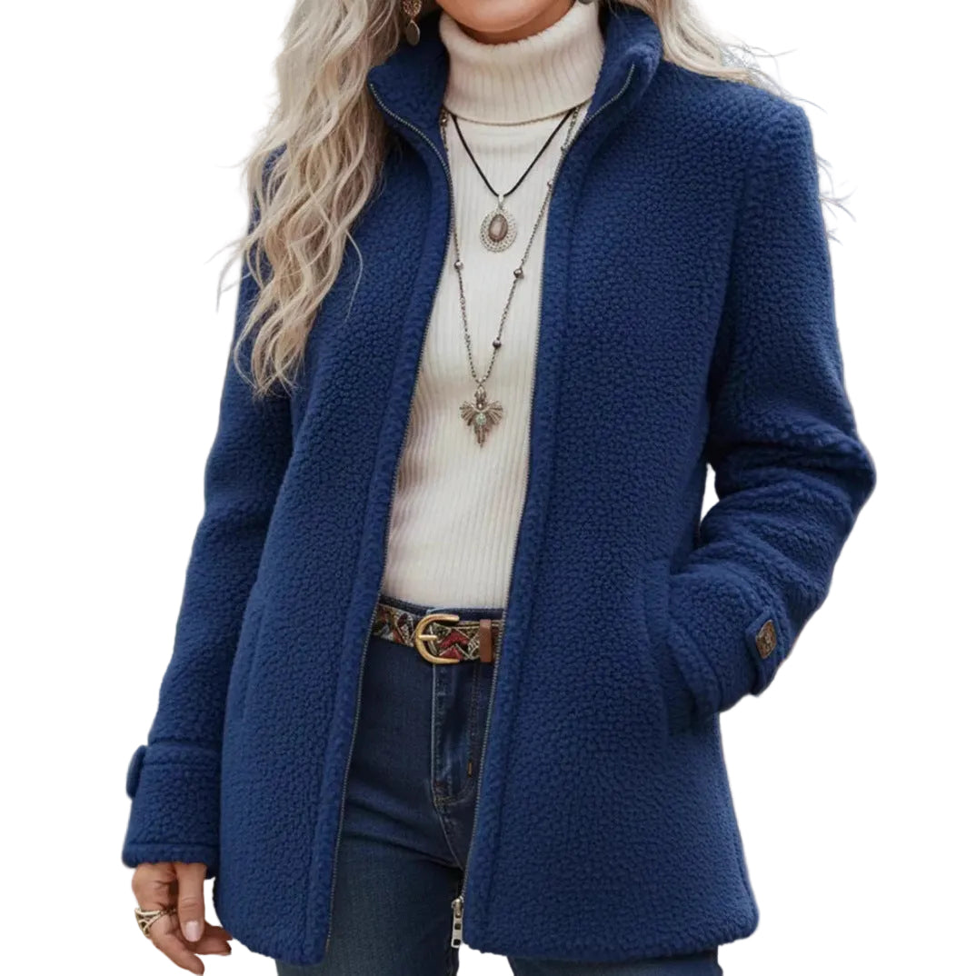 Fleece Zip-Up Jacket Women's Stand Collar Solid Color Loose Fit Casual Long Sleeve Outerwear Clothing
