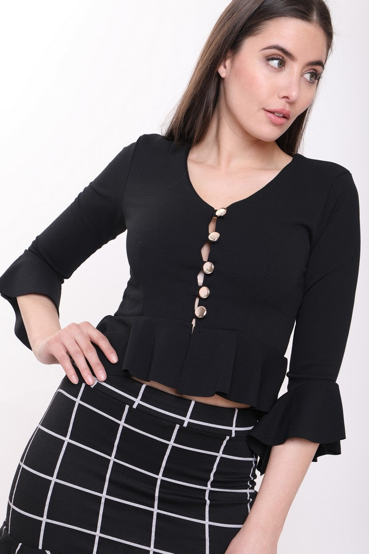 Button Up Peplum Top With Sleeves