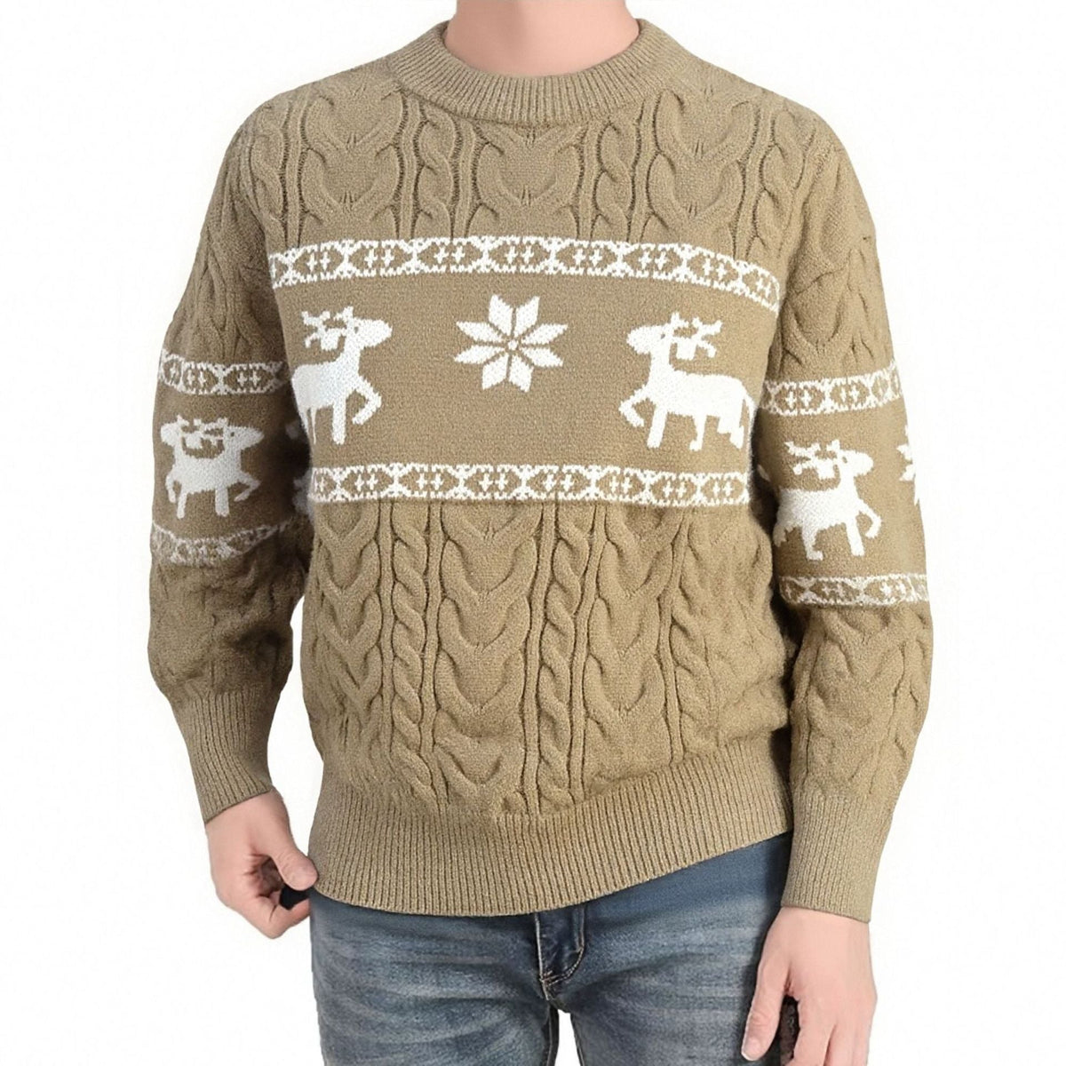 Men's Ugly Christmas Deer Knitted Sweater – Thick Warm Round Neck Pullover