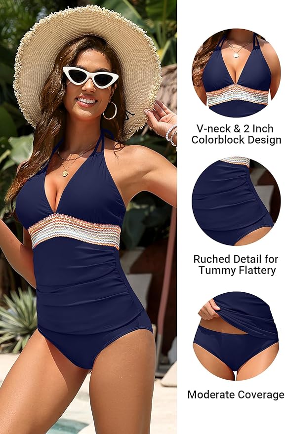 Women Swimsuit Two Piece Bathing Suit Tummy Control Size M Navy