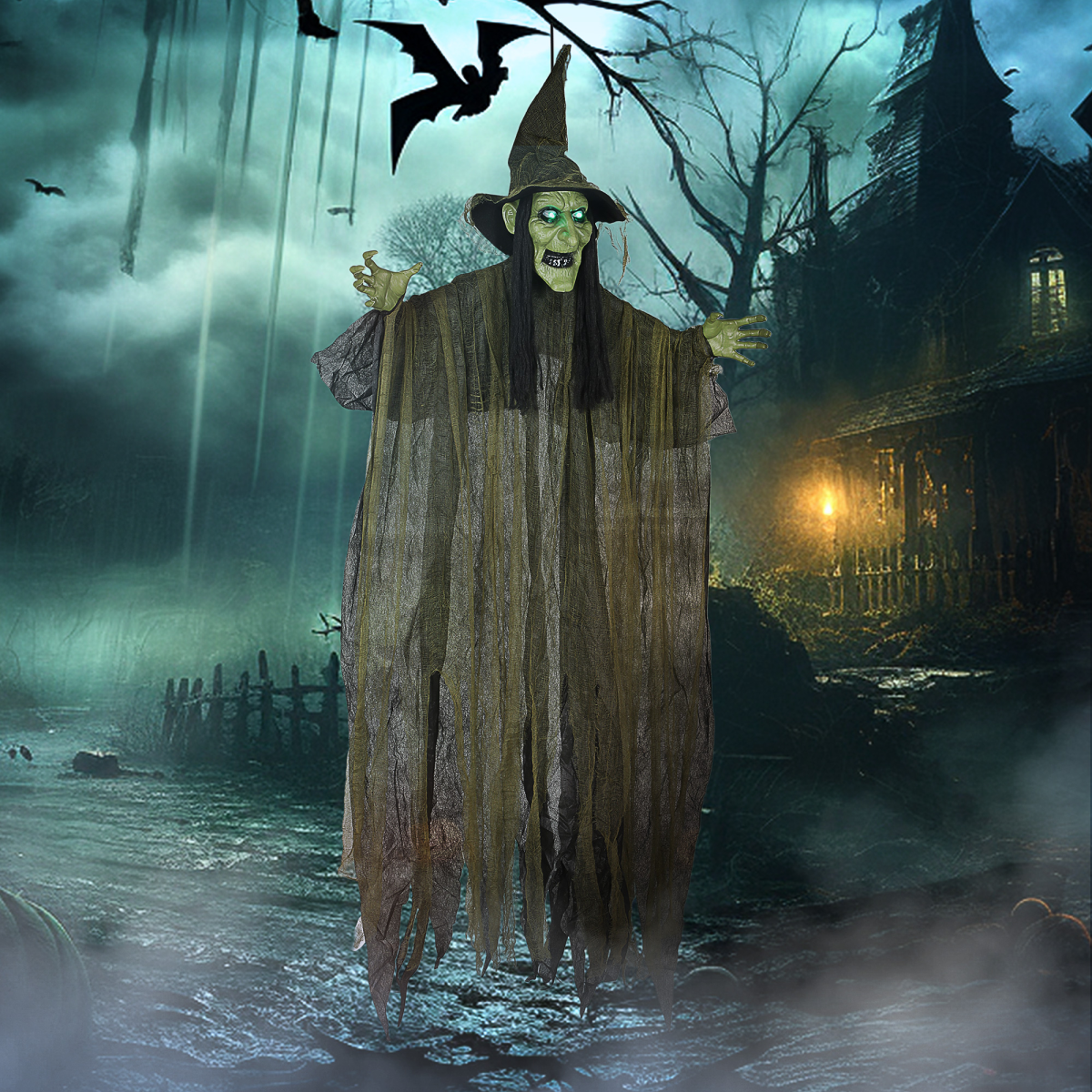Outsunny Voice Activated Halloween Animatronics Hanging Witch, Green