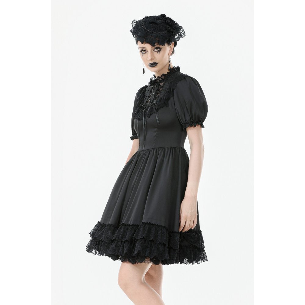 Dark in Love Belladonna Lace-Up High Collar Puff Sleeve Goth Dress in Black
