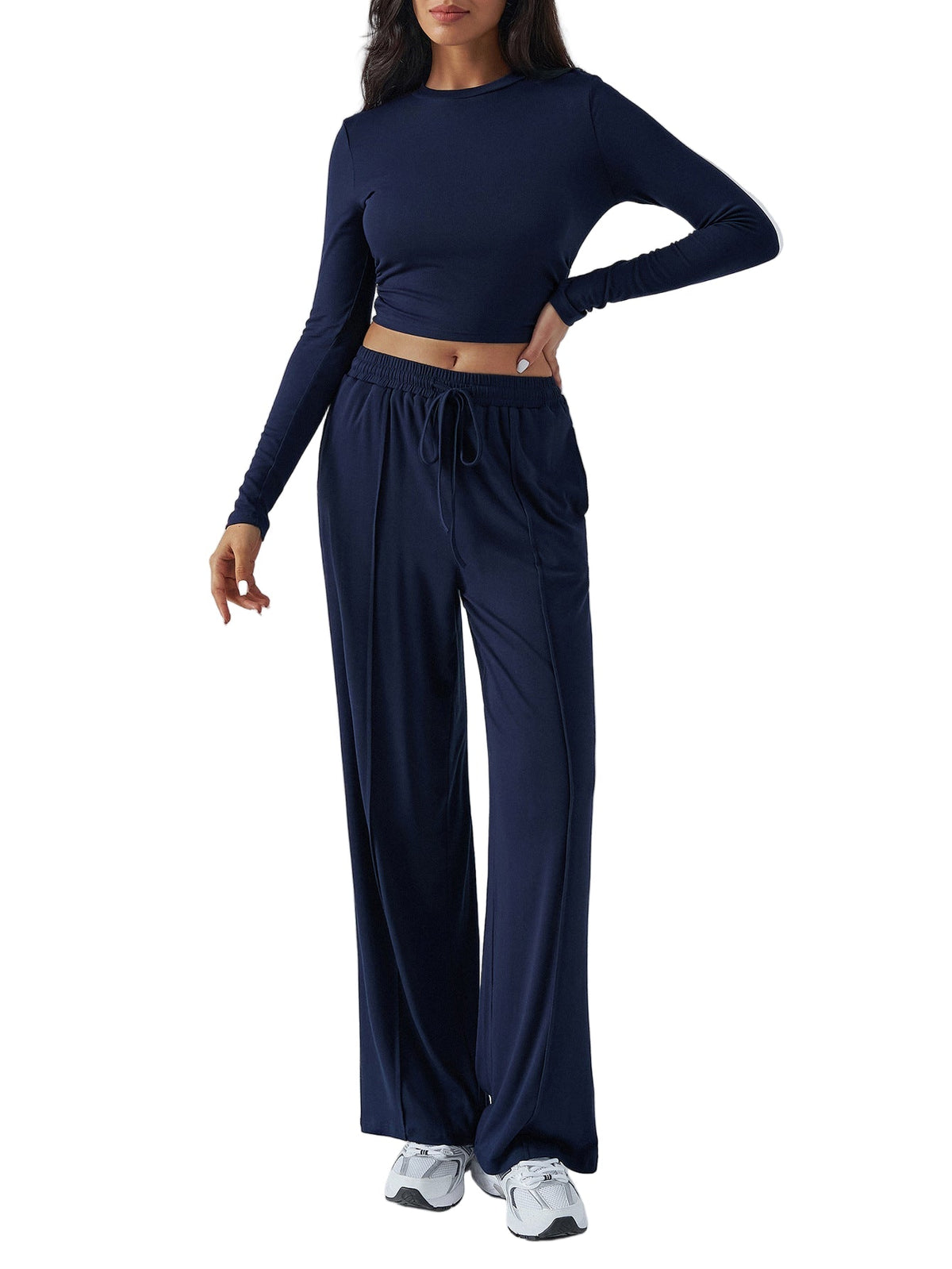 Women’s Wide-Leg Trousers & Waist-Tight Top Set – Solid Color Casual Fashion Suit