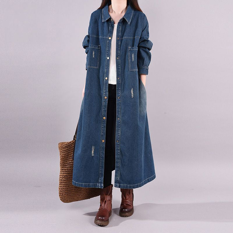 Loose Denim Trench Coat Retro Distressed Mid-length