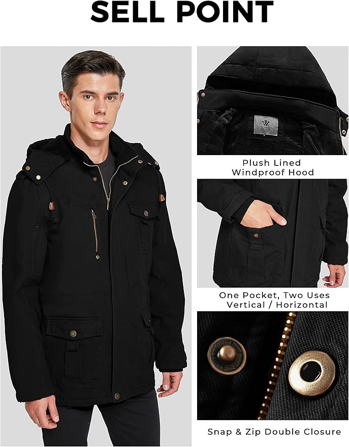 Mens Winter Parka Jacket Thick Fleece Lining Hooded Coat WenVen, Black