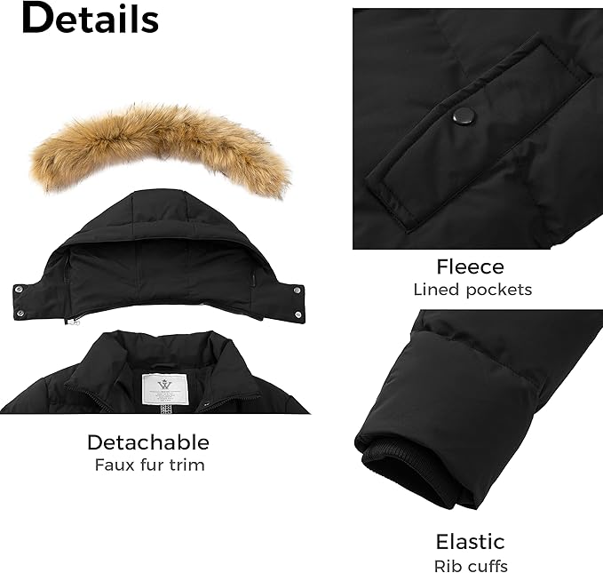 Womens Puffer Coat Winter Warm Faux Fur Removable Hood Black Size L WenVen