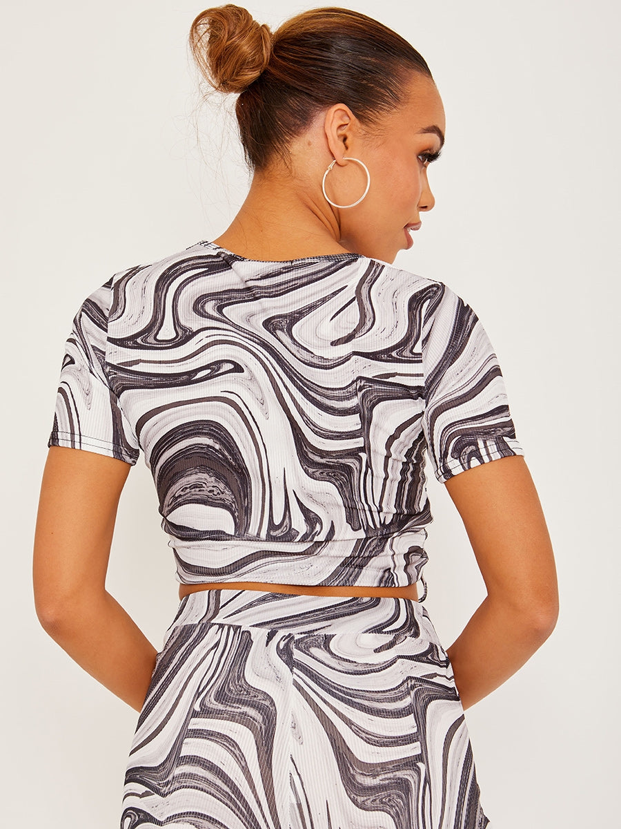 Marble Print Ribbed Ruched Crop Top